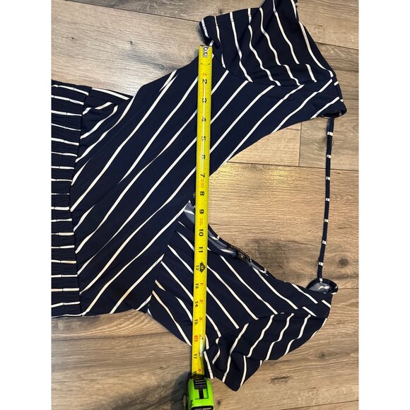 Navy & White Striped Jumpsuit Express XS Short Sleeves V-Neck & Elastic Waist - Picture 9 of 10